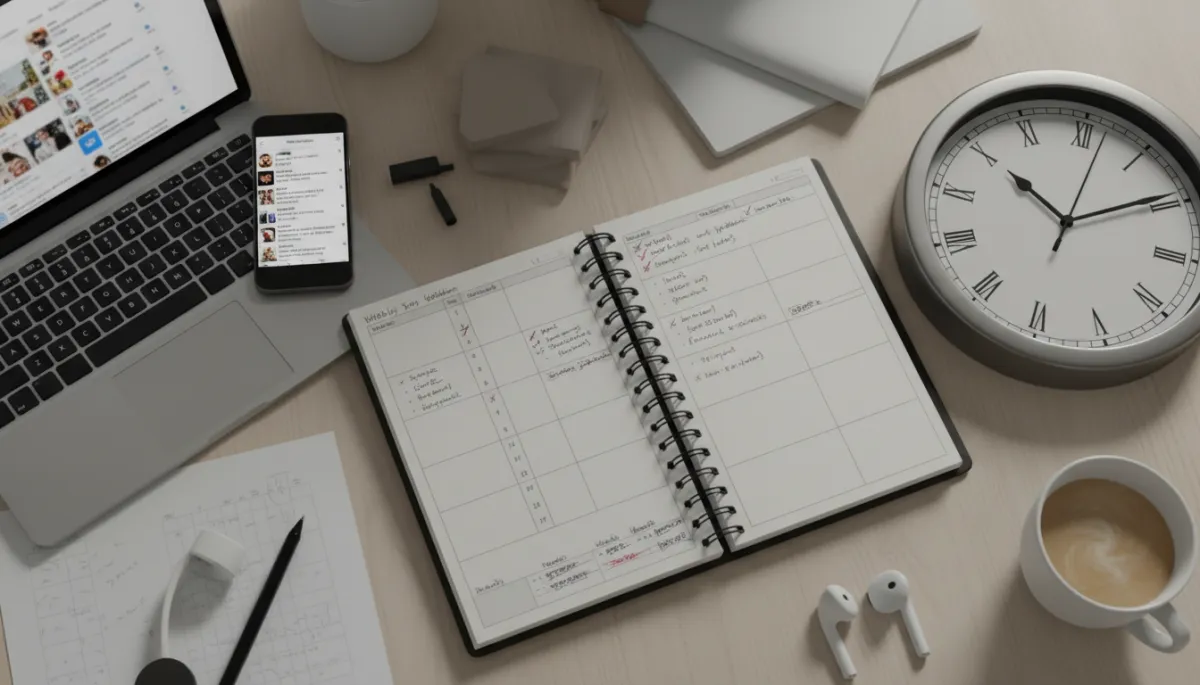 Desk setup with planner and laptop