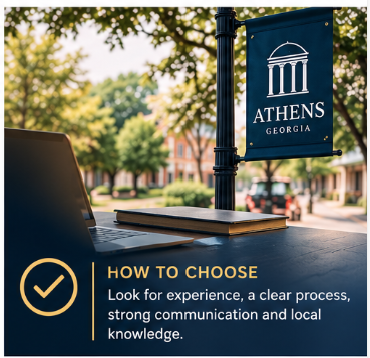 Downtown Athens Georgia banner and outdoor laptop workspace illustrating how to choose a local web designer with experience, clear process, and local knowledge