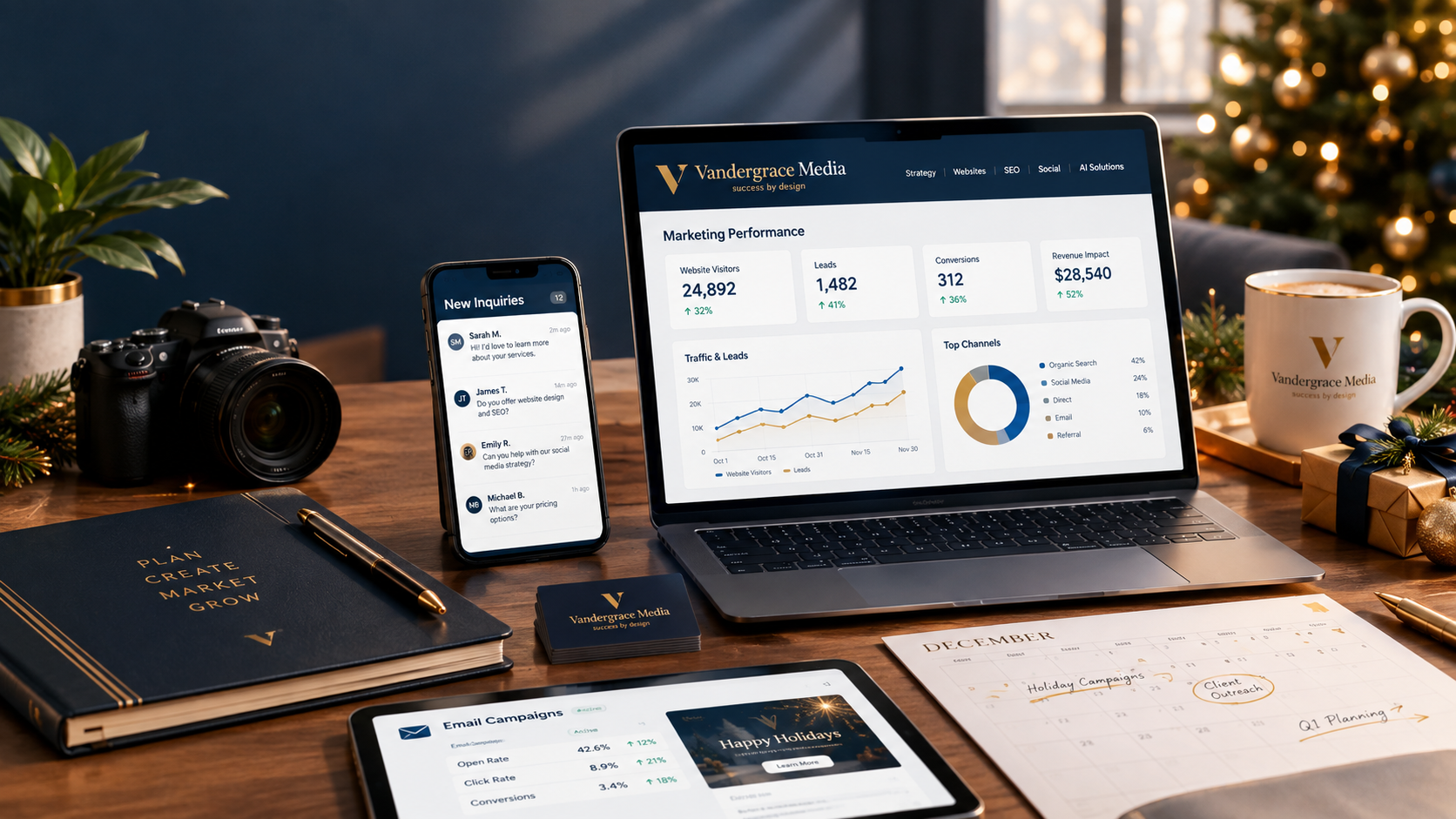 Marketing performance dashboard, inquiries, and holiday campaign planning on desk