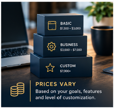 Web design pricing tiers in Athens GA: Basic $1,500 to $3,000, Business $3,000 to $7,000, and Custom $7,000+ stacked on a desk with a laptop