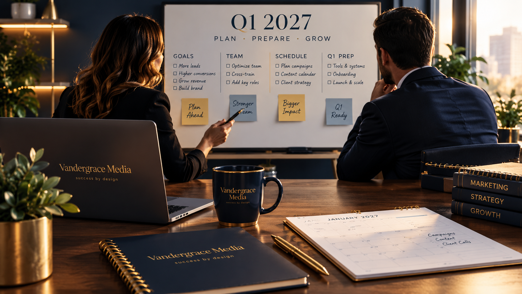 Q1 2027 strategy and planning session with goals, team, and schedule on whiteboard