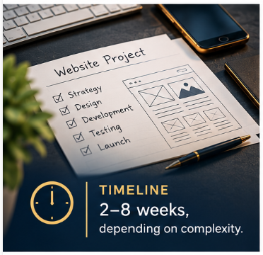 Website project planning checklist with timeline of 2 to 8 weeks depending on complexity, displayed beside a smartphone and keyboard