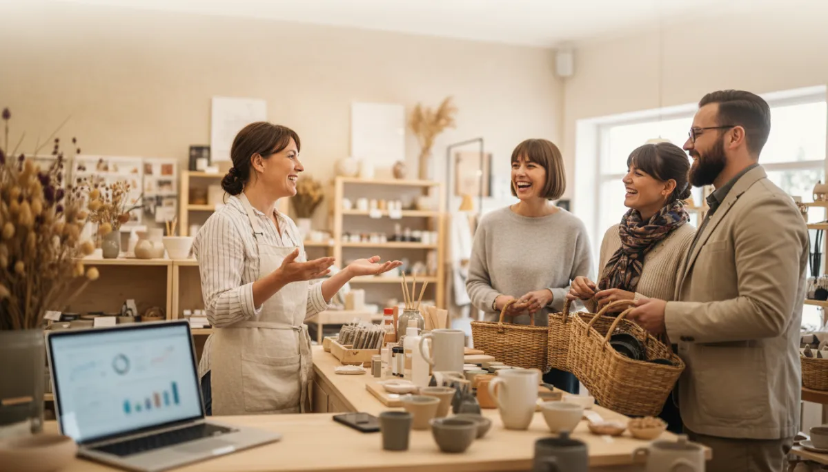 Store owner talking to customers