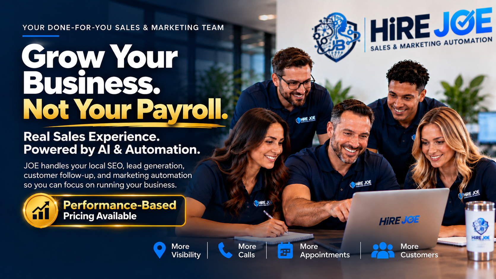 HiRE JOE sales and marketing team - Grow Your Business. Not Your Payroll. Real sales experience powered by AI and automation.