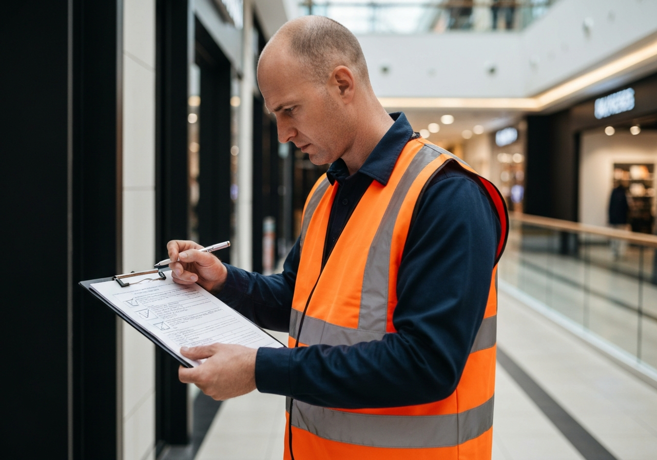 Professional fire safety inspector conducting a fire risk assessment