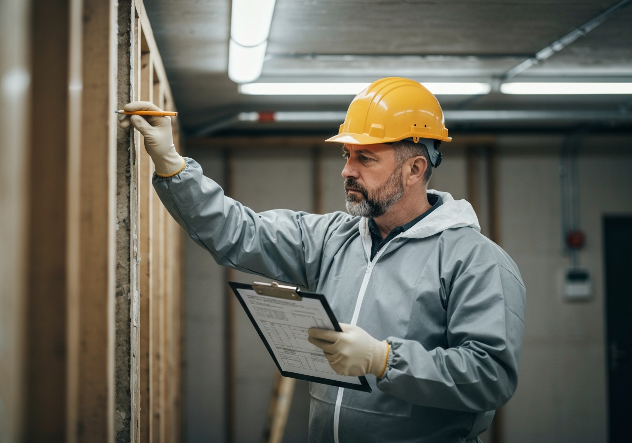 Professional surveyor with clipboard checking building materials