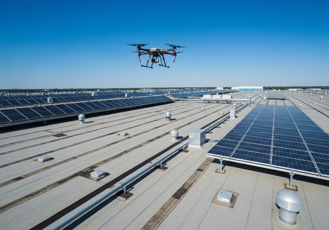 Professional drone flying over an industrial roof for inspection