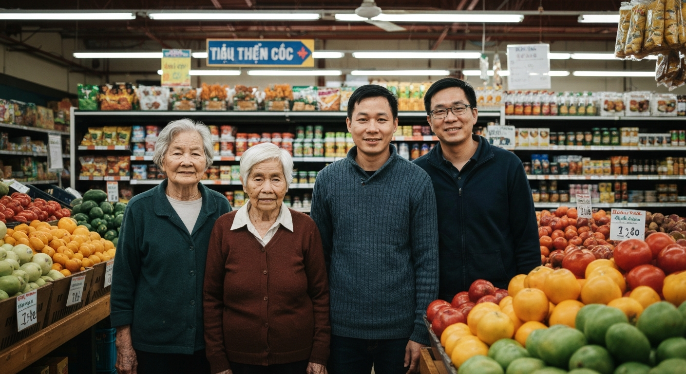 The Pham and Dang family in their grocery store
