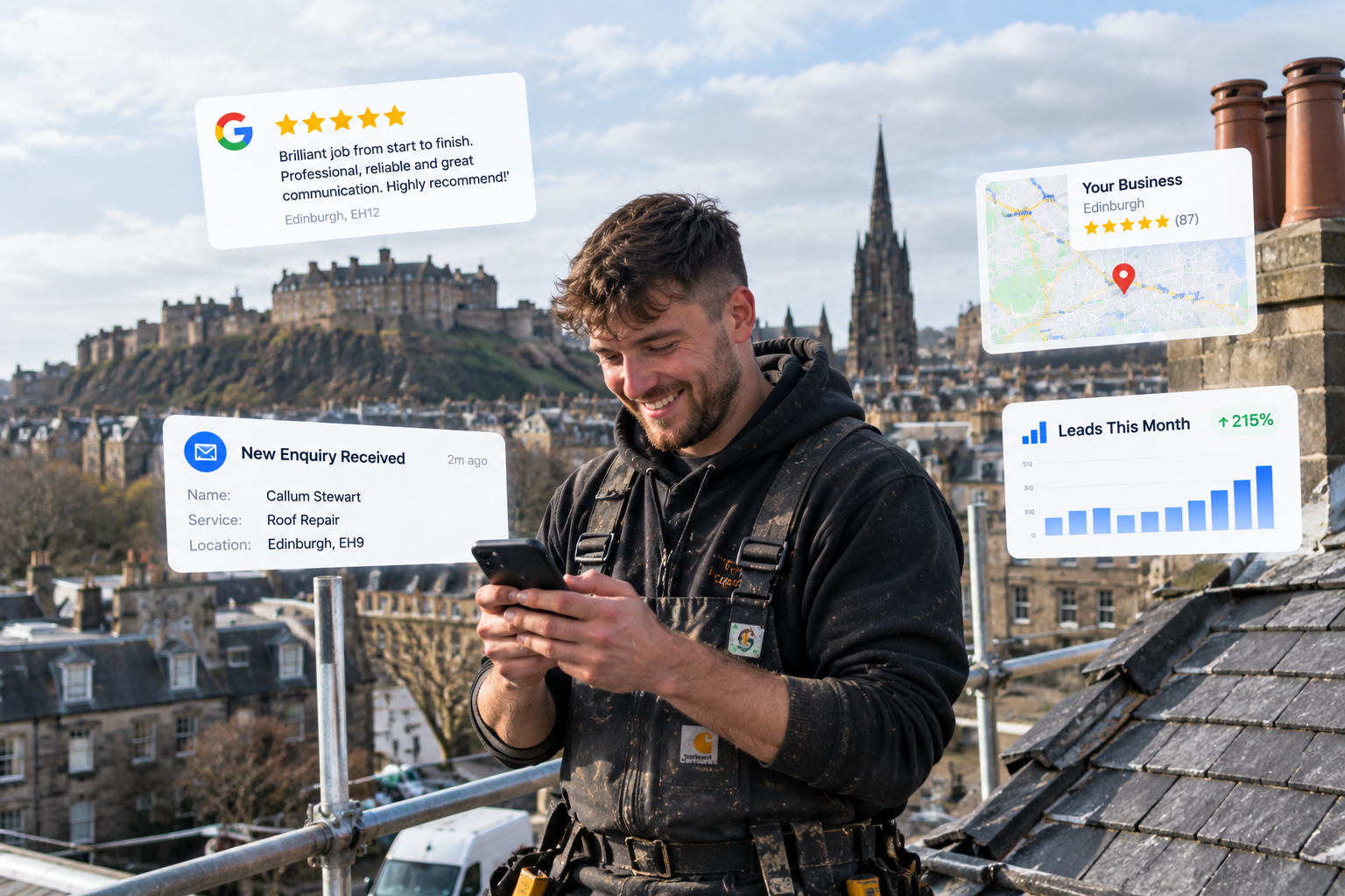 Tradesman on an Edinburgh rooftop receiving new enquiries on his phone