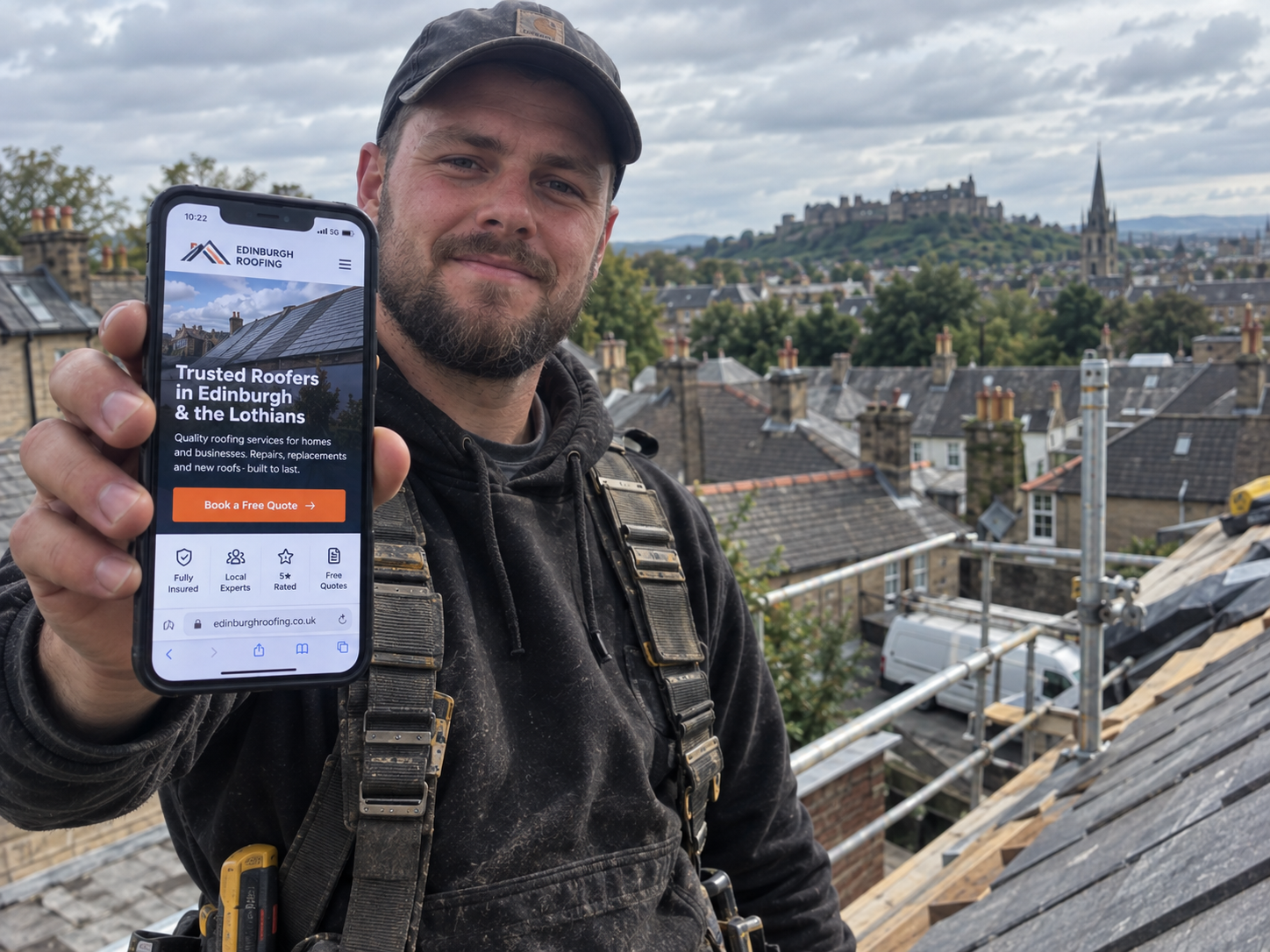 Roofer on site viewing a professional new website built for his business on his phone