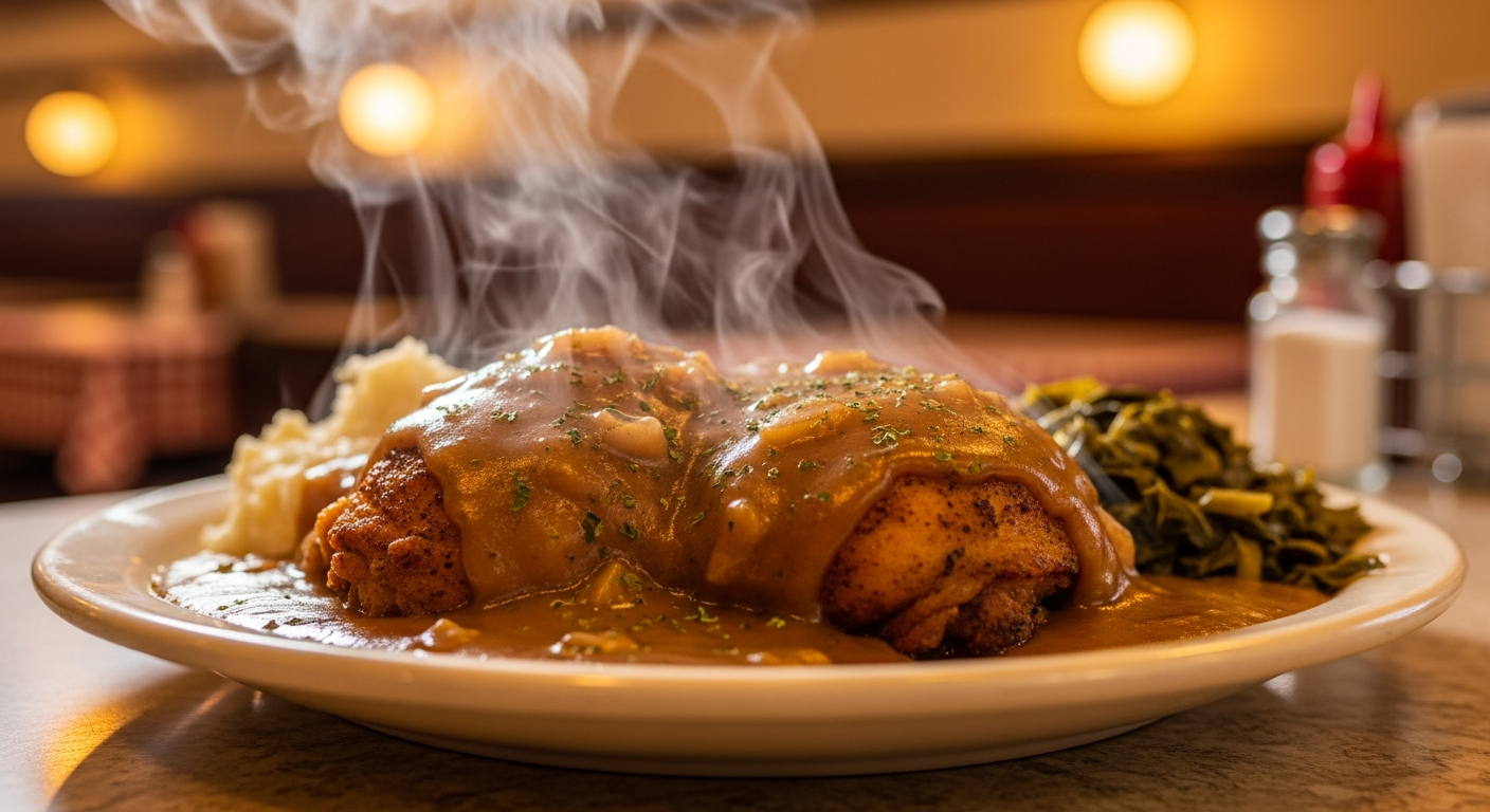Smothered chicken dinner with collard greens and cornbread at Pee Wee's Soul Food, Rock Island IL
