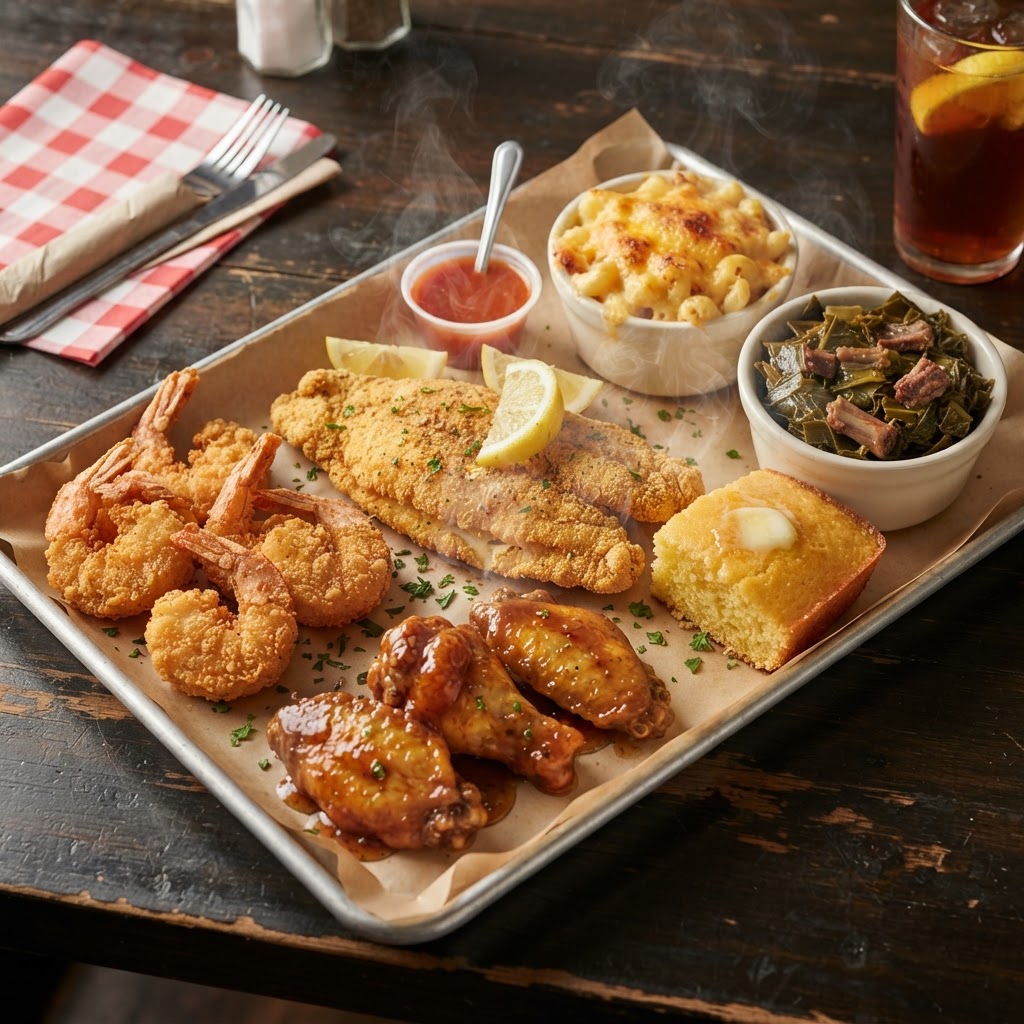 Pee Wee Platter with catfish, shrimp, wings, sides and cornbread at Pee Wee's Soul Food, Rock Island IL