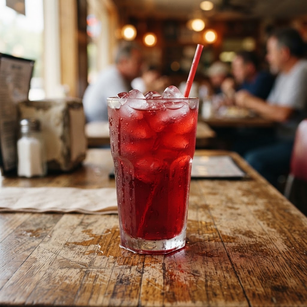 Tall glass of ice-cold red Kool-Aid at Pee Wee's Soul Food, Rock Island IL