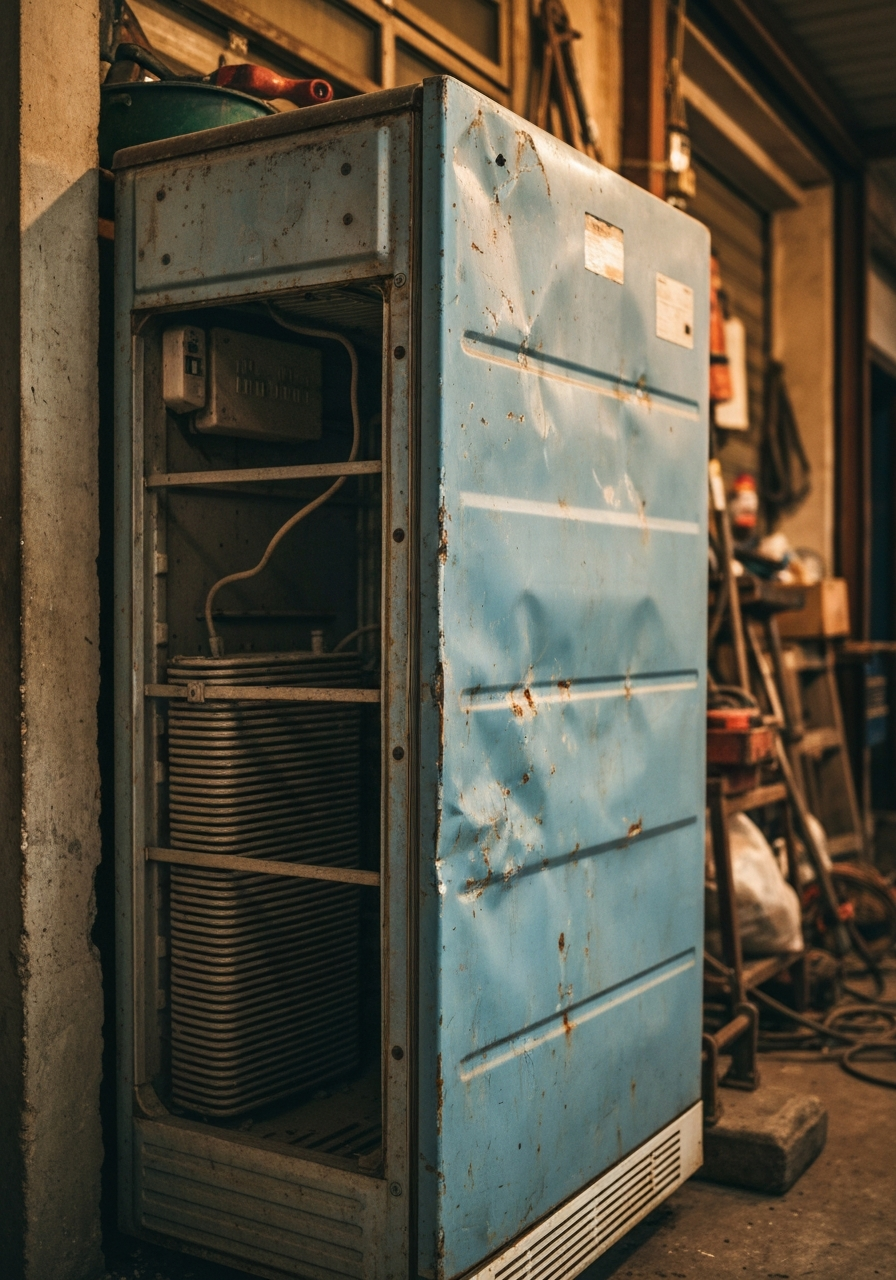 Worn out old refrigerator showing the back coils