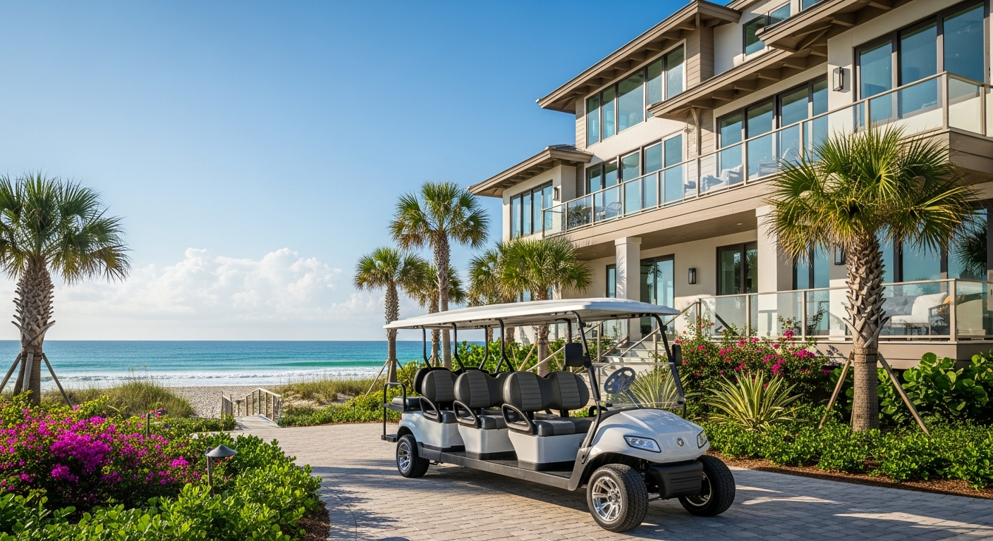 Modern 6-passenger golf cart in front of a beach house