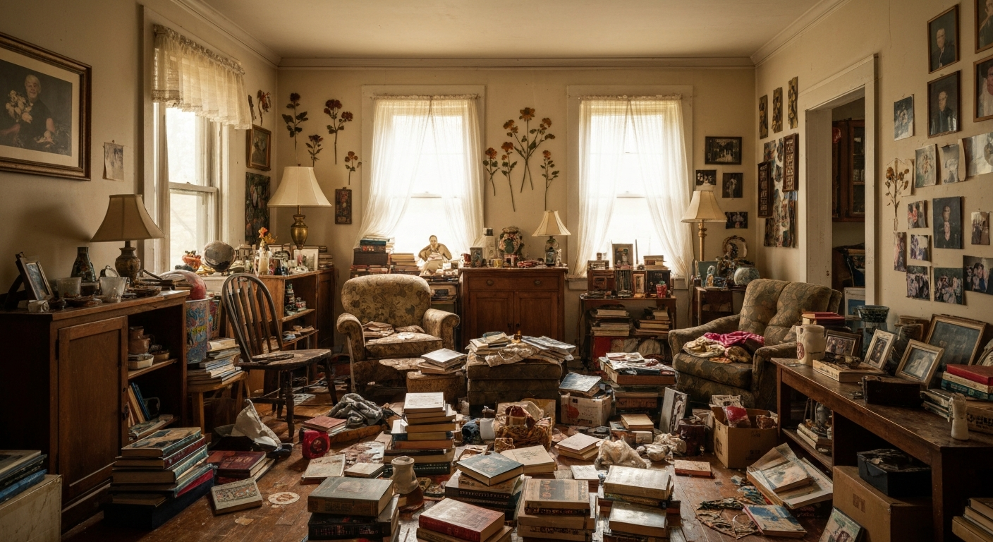 Cluttered hoarder living room in a St. Louis home purchased as-is for cash