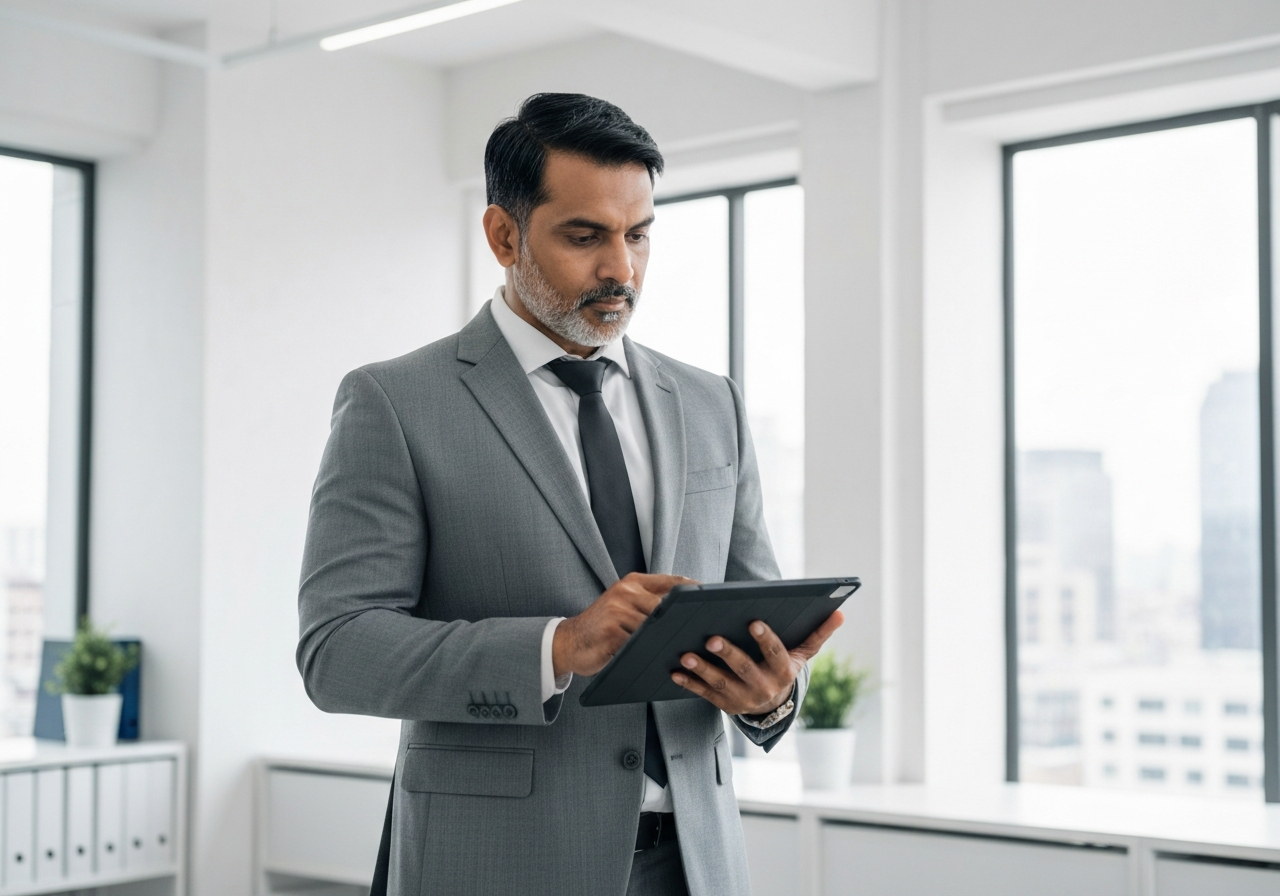 Confident business owner looking at growth charts