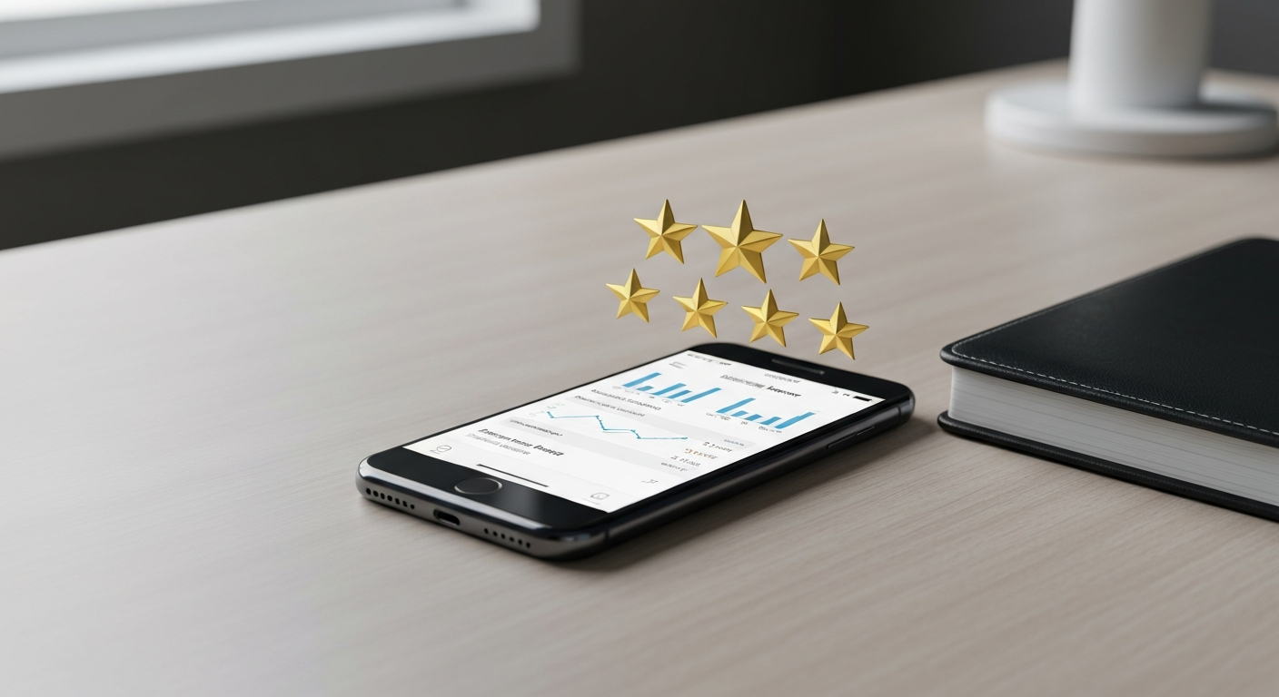 Five gold stars floating above a smartphone showing business reviews