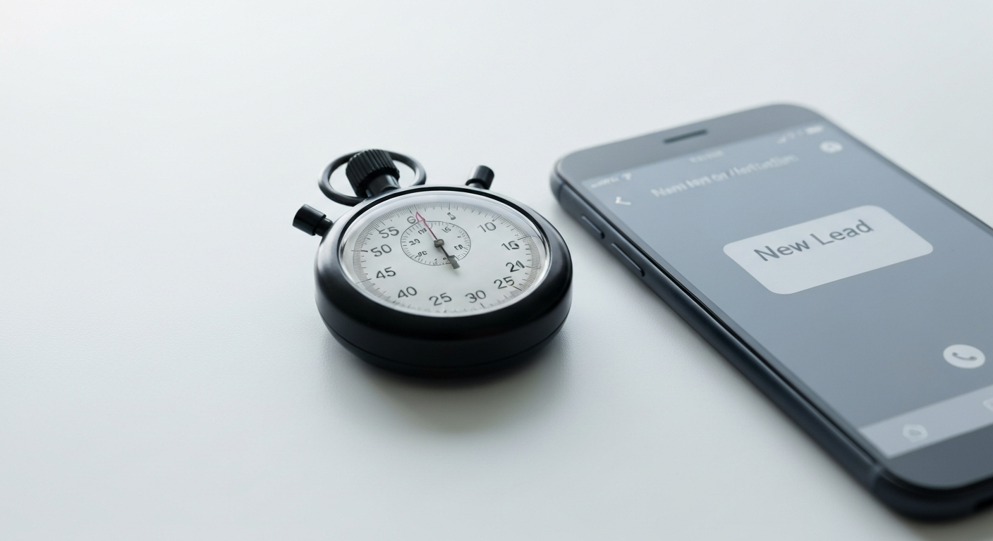 Stopwatch next to a smartphone showing a new lead notification