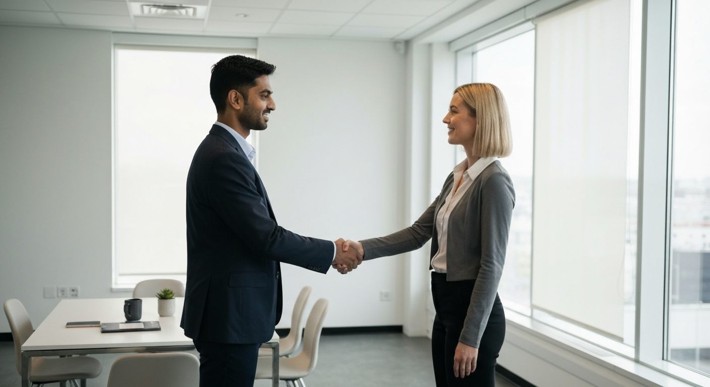 Two business professionals shaking hands in a modern office
