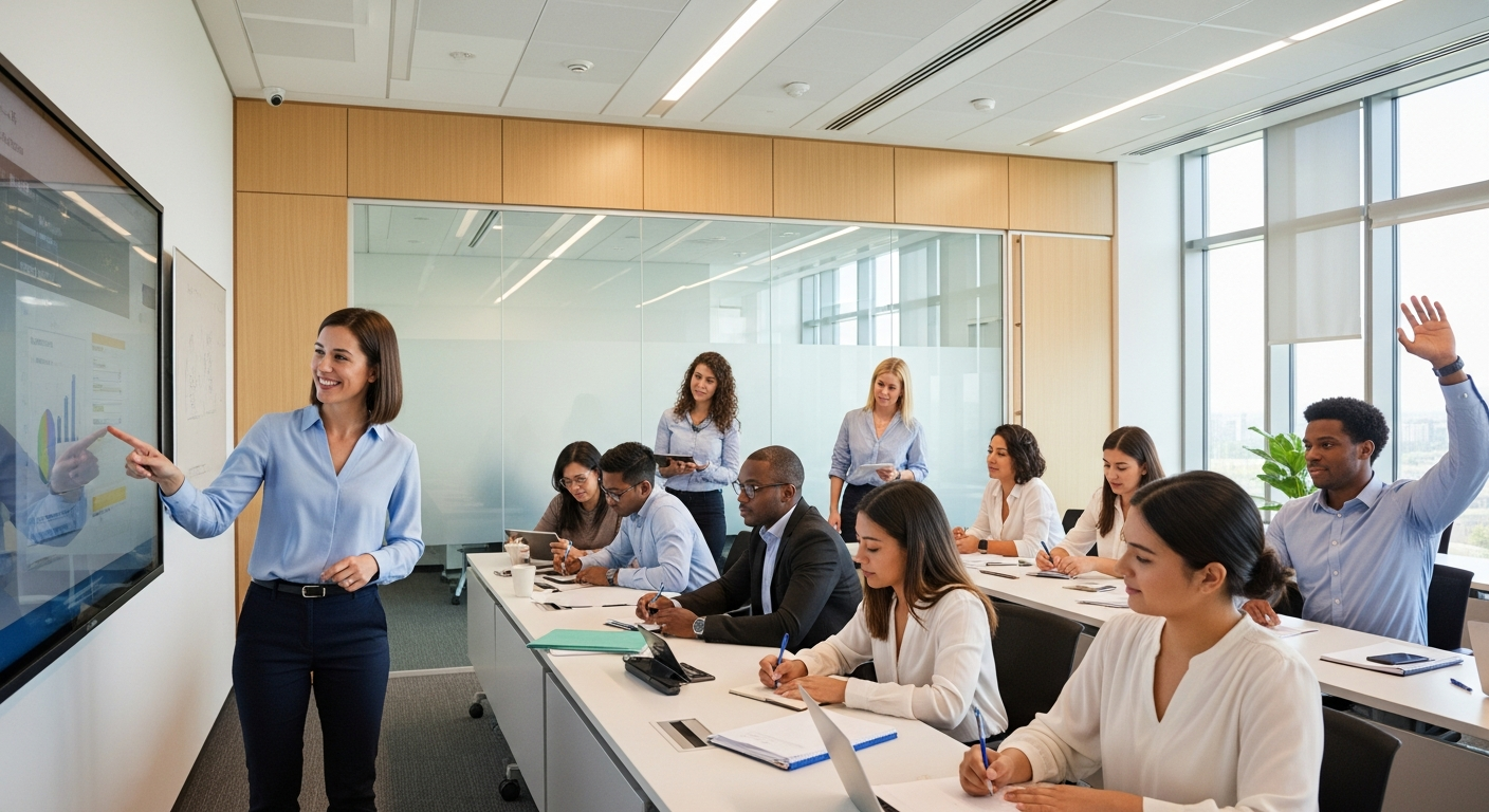 Profesionales y estudiantes en entorno corporativo