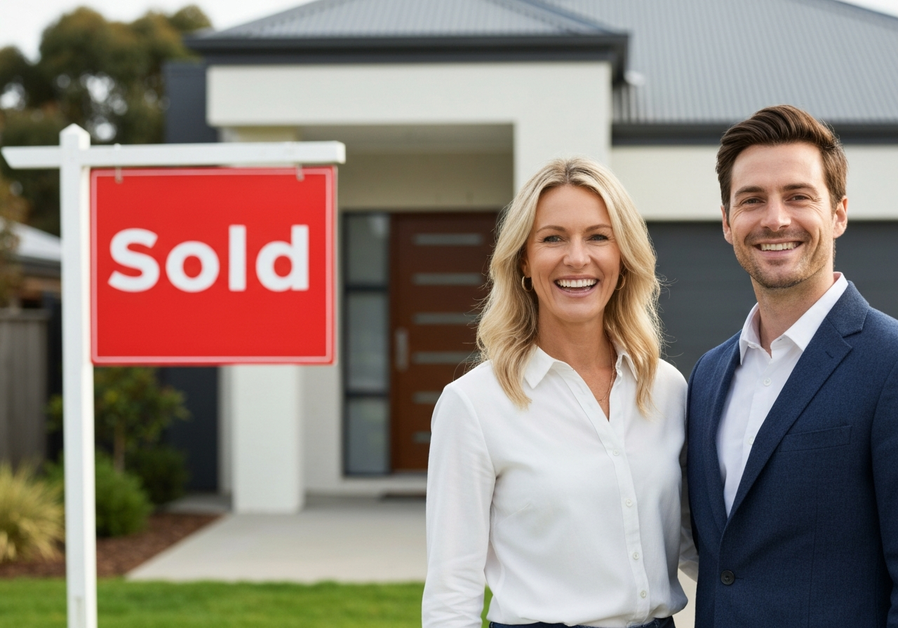 Real estate professional shaking hands with relieved homeowner