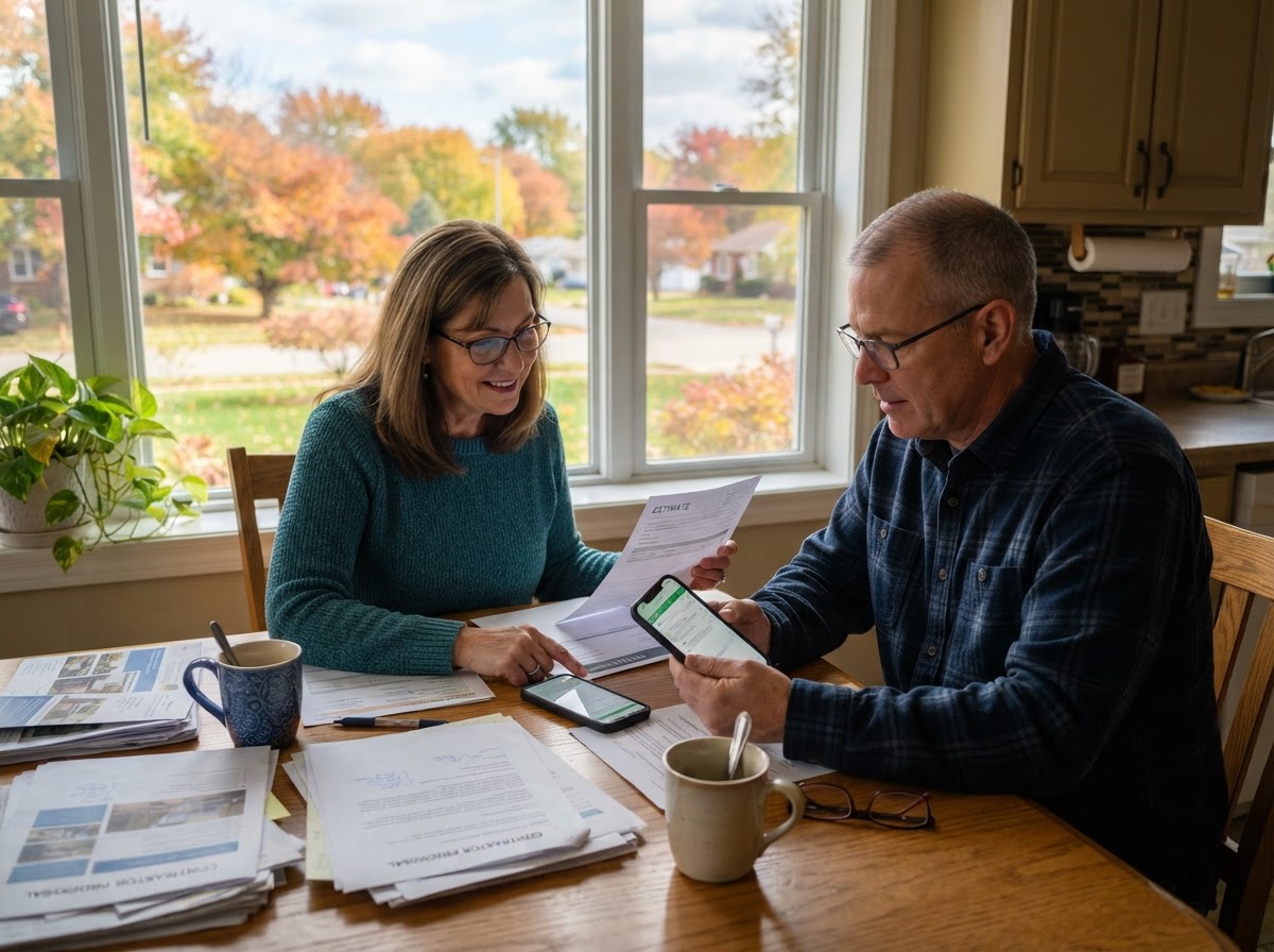 Homeowners in Rock Island comparing contractor quotes at their kitchen table.