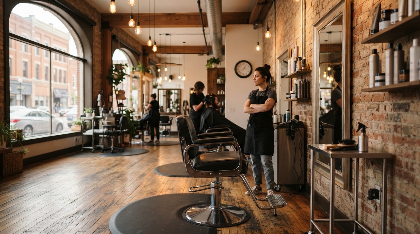 Empty styling chair in a Davenport salon while the stylist waits for a client who did not show up.