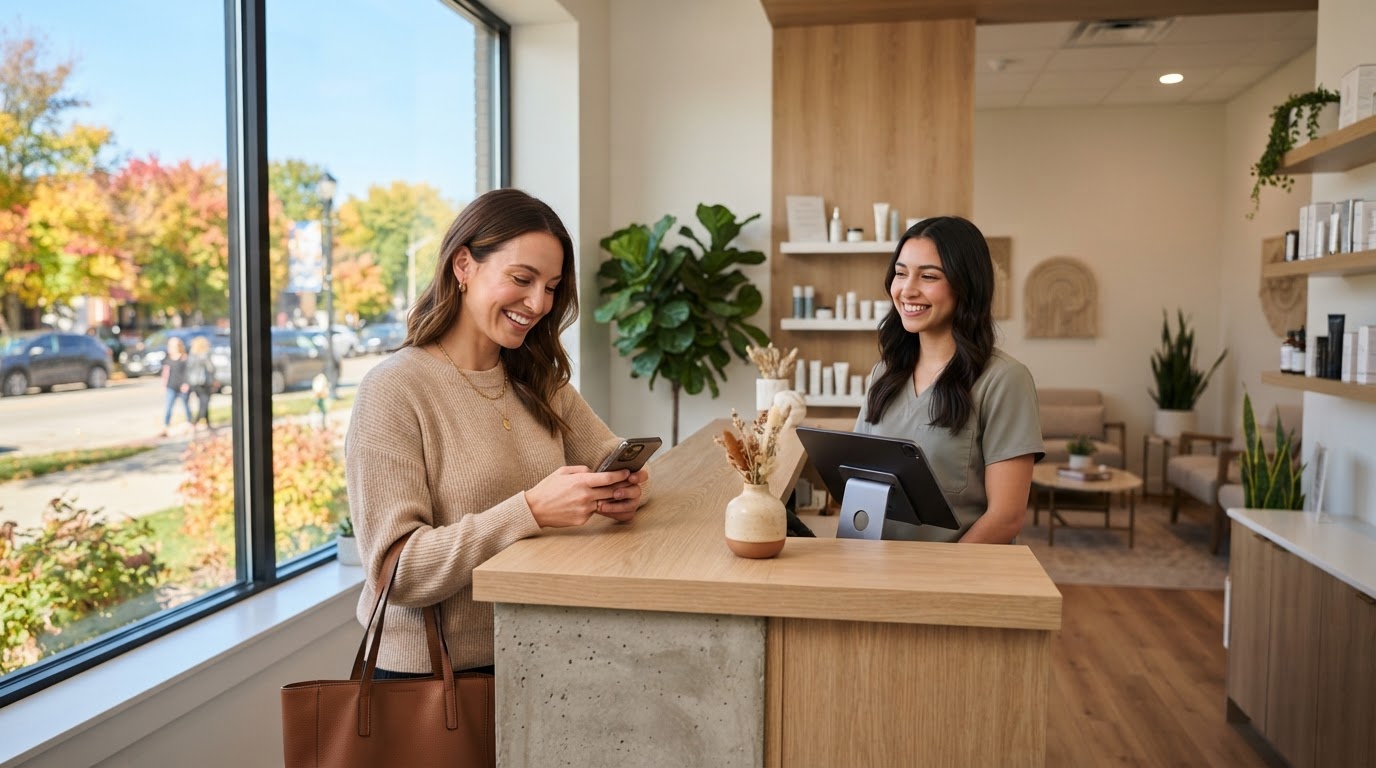 Happy client checking her phone at a Quad Cities med spa front desk.