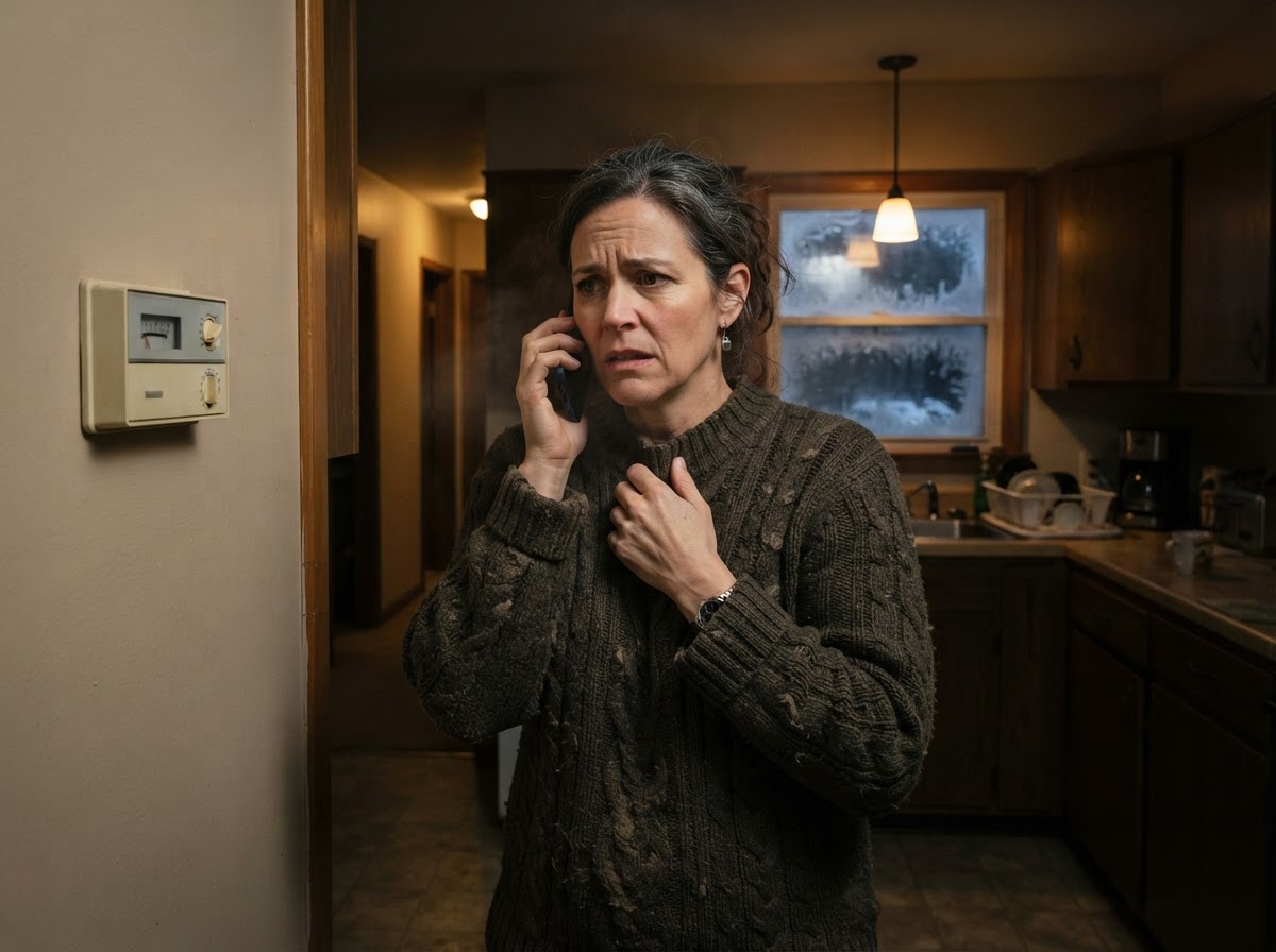 Homeowner calling for help next to a thermostat on a cold night.