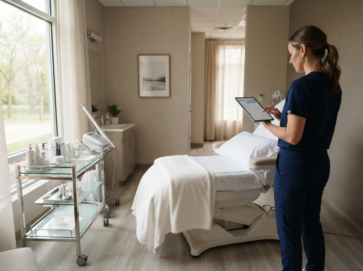 Prepared med spa treatment room in Bettendorf with a provider checking the day's schedule.