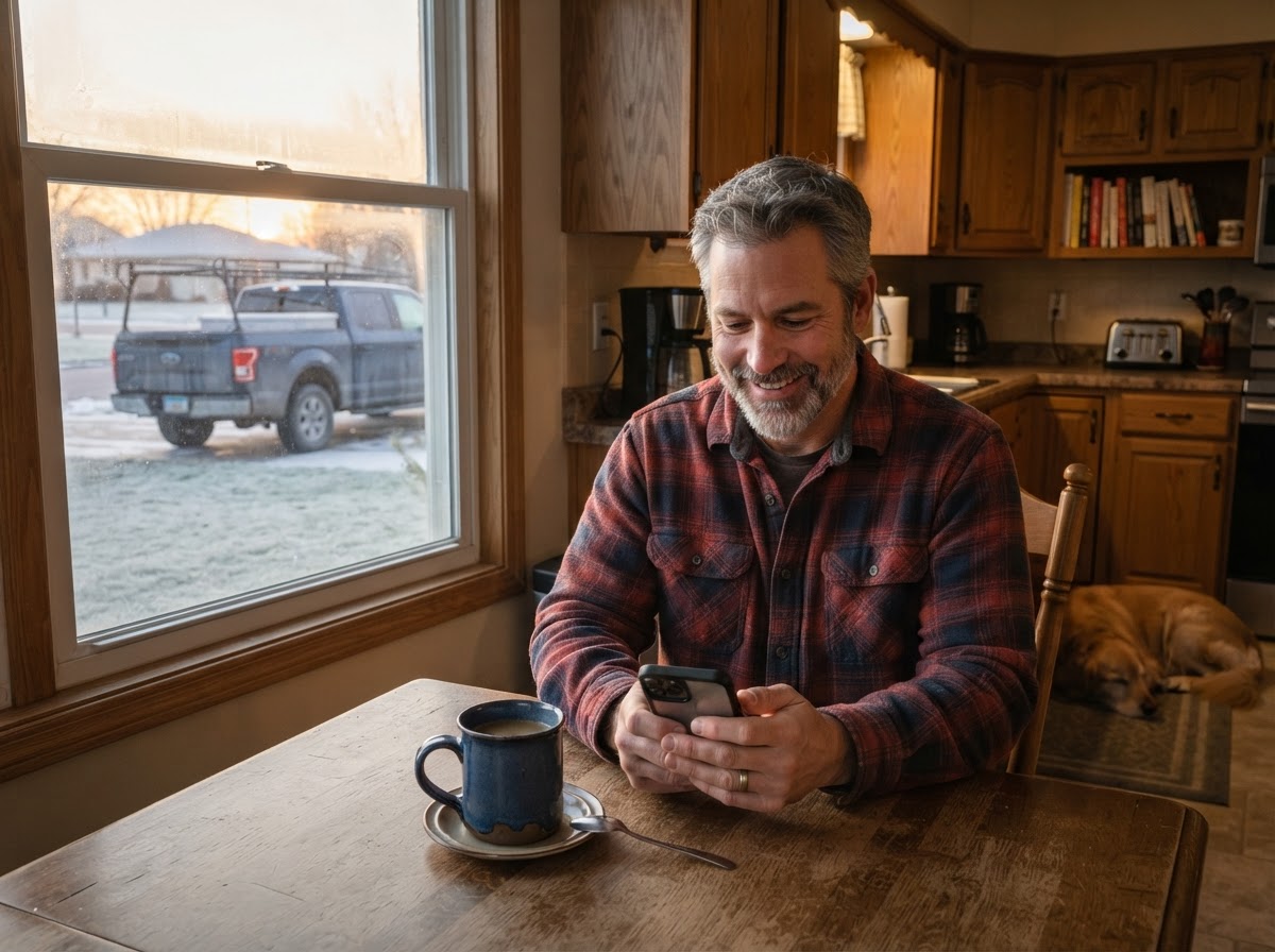 Quad Cities contractor checking his booked jobs over morning coffee.
