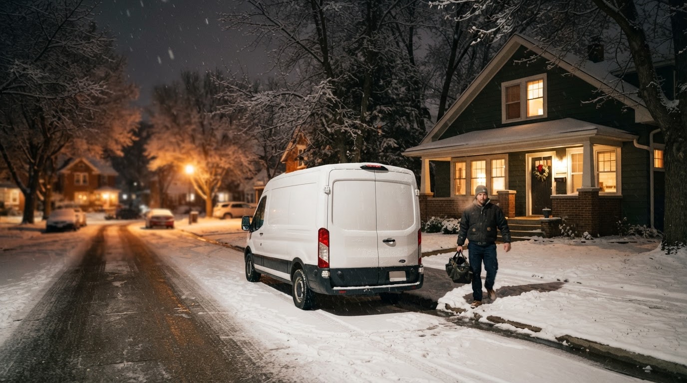 HVAC service van parked outside a Davenport home on a snowy winter night.