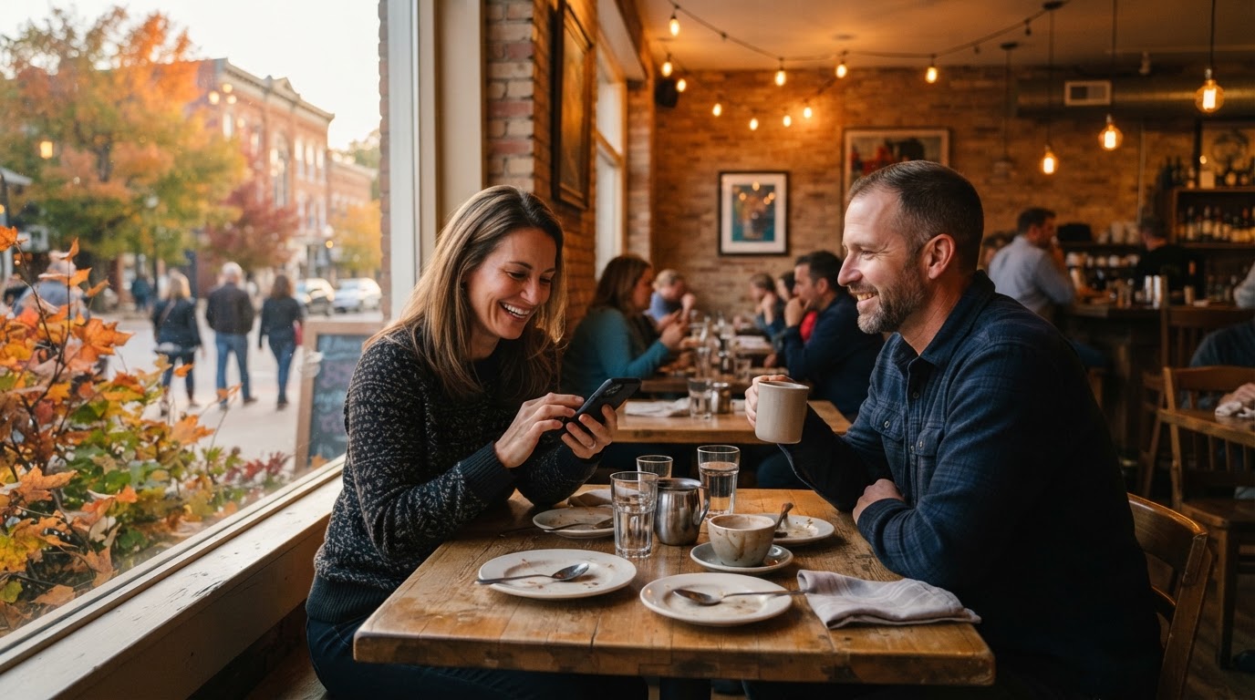 Couple writing a review on a phone after dinner at a Davenport restaurant.
