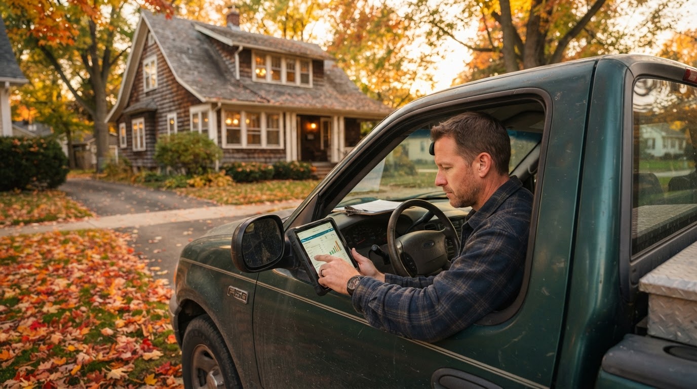 Contractor reviewing a job estimate on a tablet in his truck outside a Davenport home in the fall.