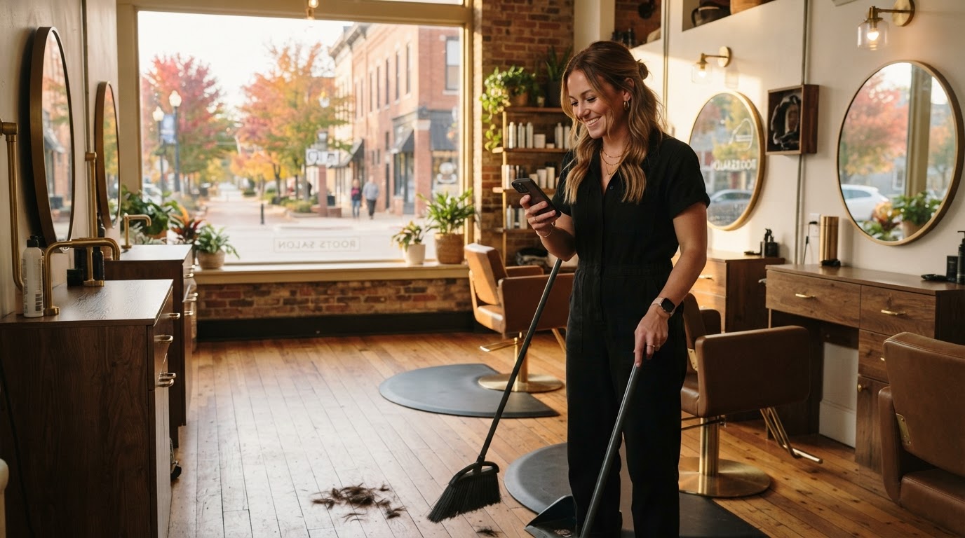 Moline salon owner smiling at new reviews on her phone at closing time.