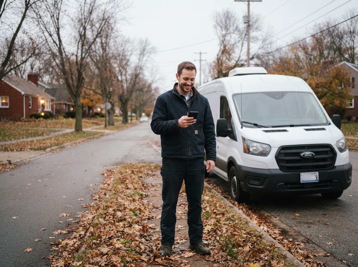 HVAC technician in Moline reading a homeowner's reply on his phone next to his service van.