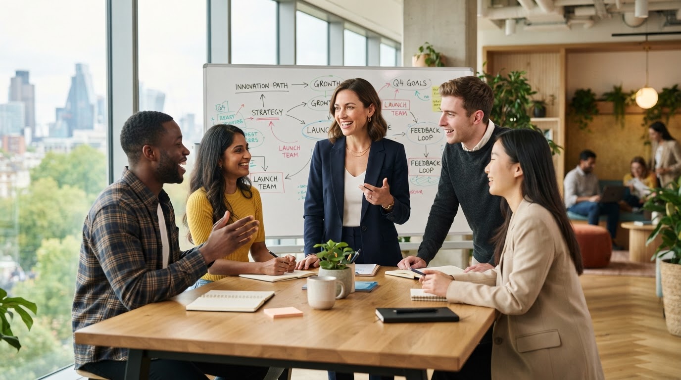 Growing business team in a modern office, confident and moving forward