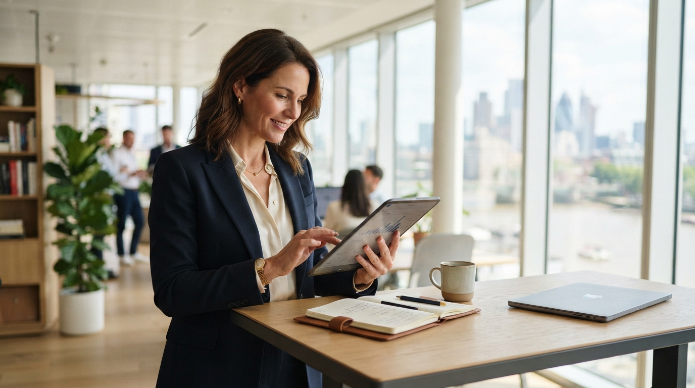 Confident business owner reviewing marketing strategy in a modern office