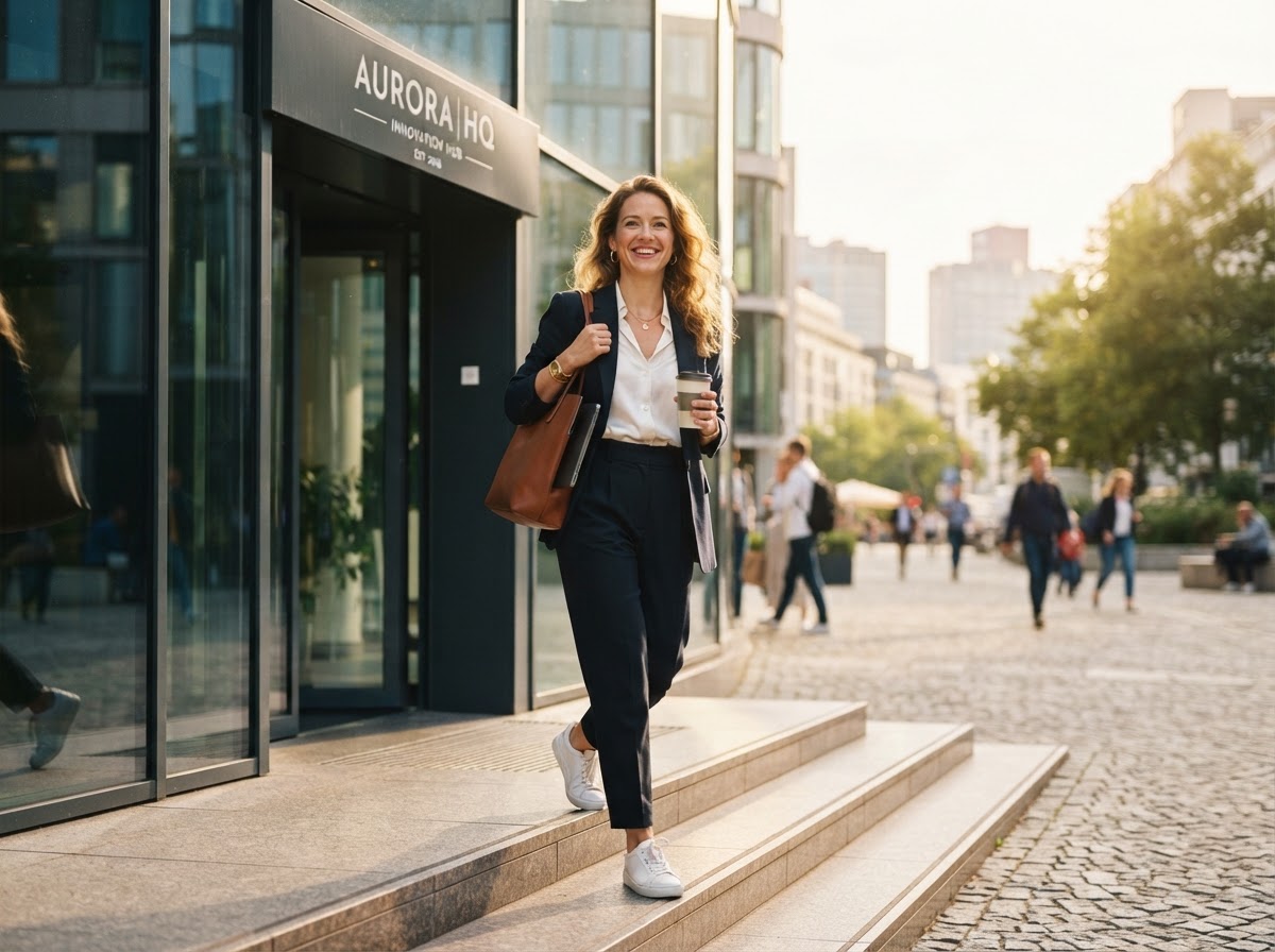 Business owner stepping out with confidence, enjoying freedom from marketing tasks