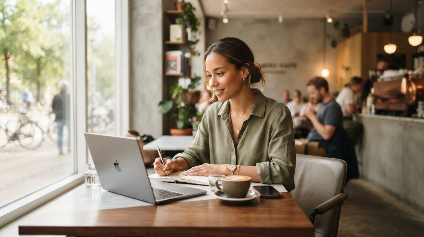 Entrepreneur working productively from a premium cafe with a sleek laptop
