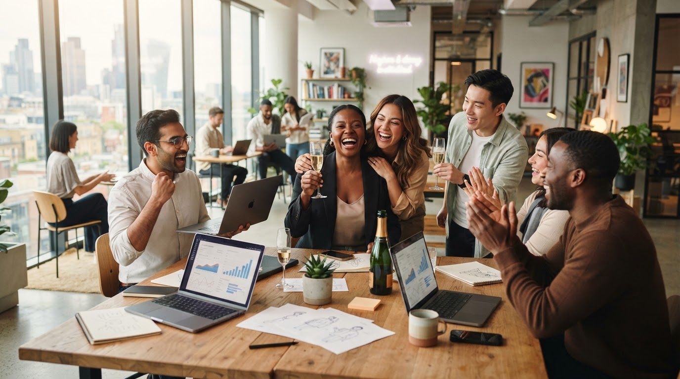 Creative business team celebrating success in a bright modern studio