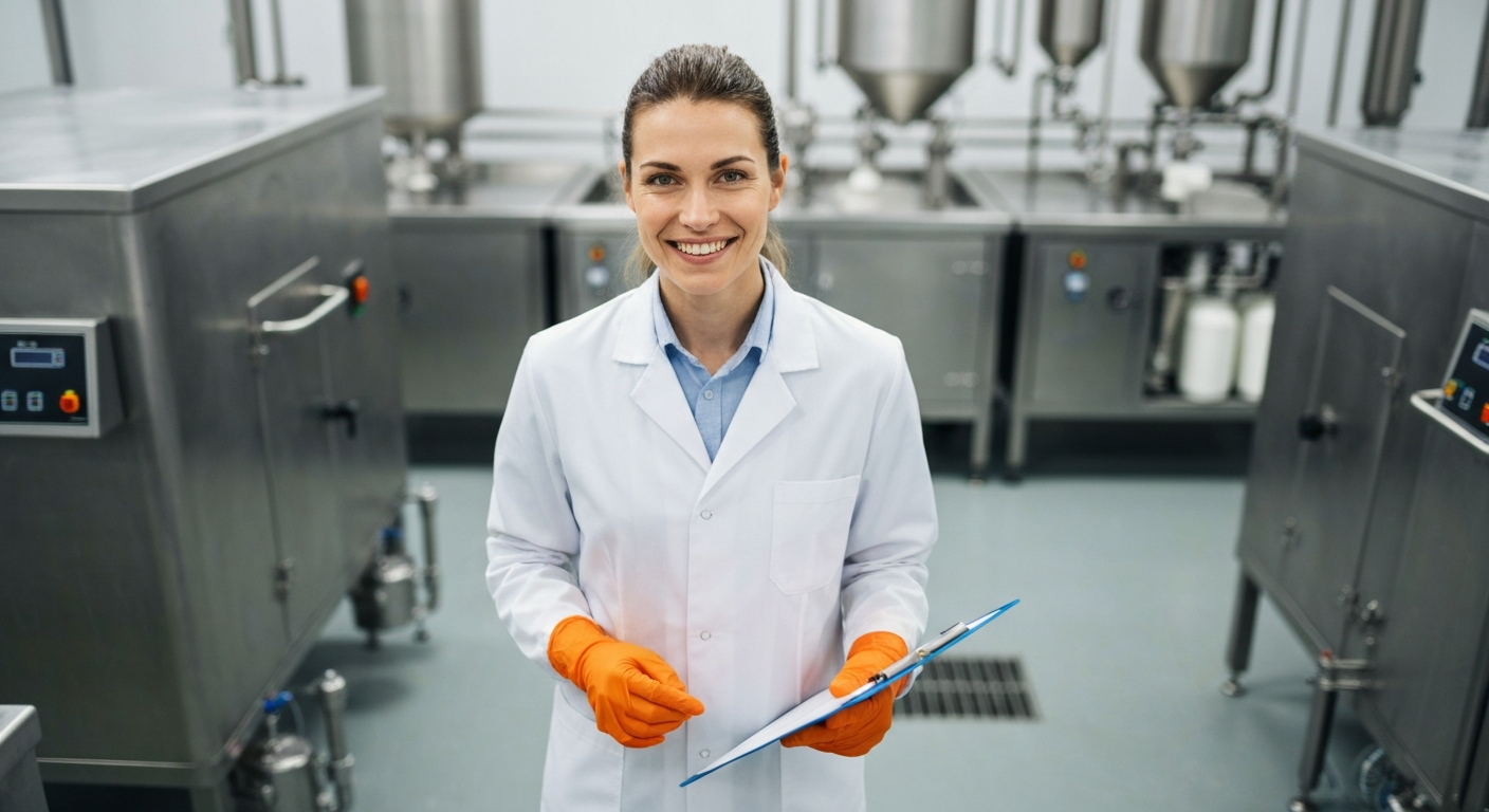 Food Technologist inspecting dairy machinery in manufacturing plant