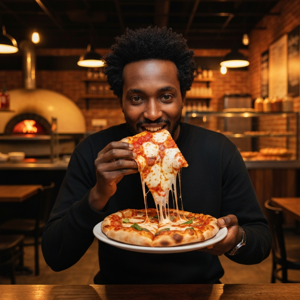 Happy person eating pizza