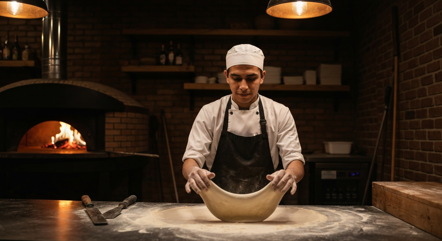 Chef stretching pizza dough