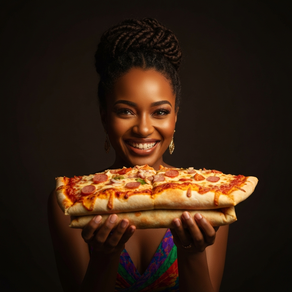 Happy person eating pizza
