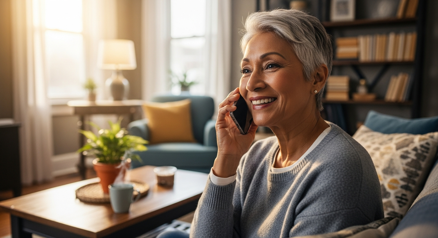 Happy senior woman talking on smartphone