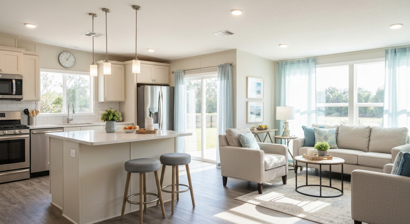 Interior of a modern, beautifully finished manufactured home with open kitchen and natural light