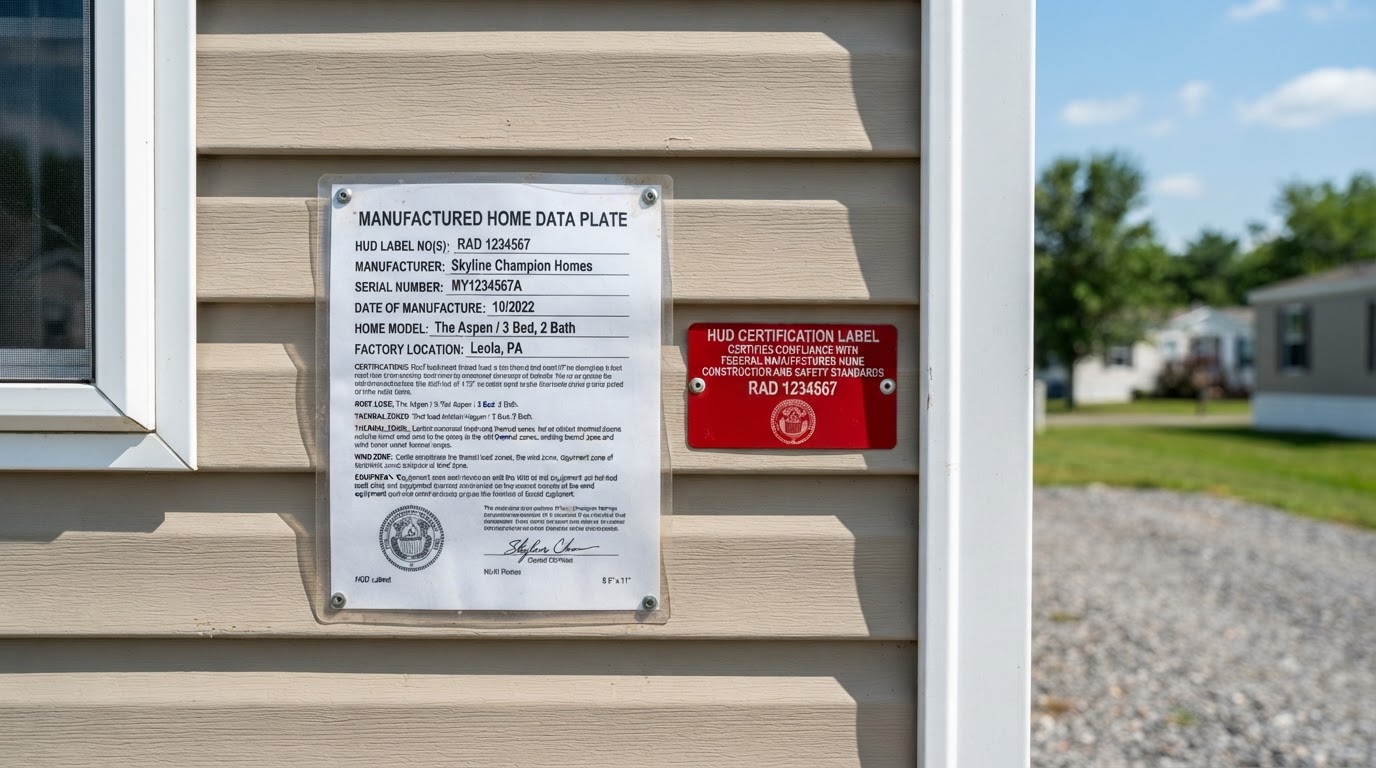 HUD Data Plate document and red metal HUD certification label on the exterior wall of a manufactured home