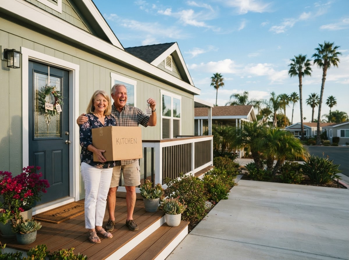 A happy senior couple moving into their new manufactured home in Southern California